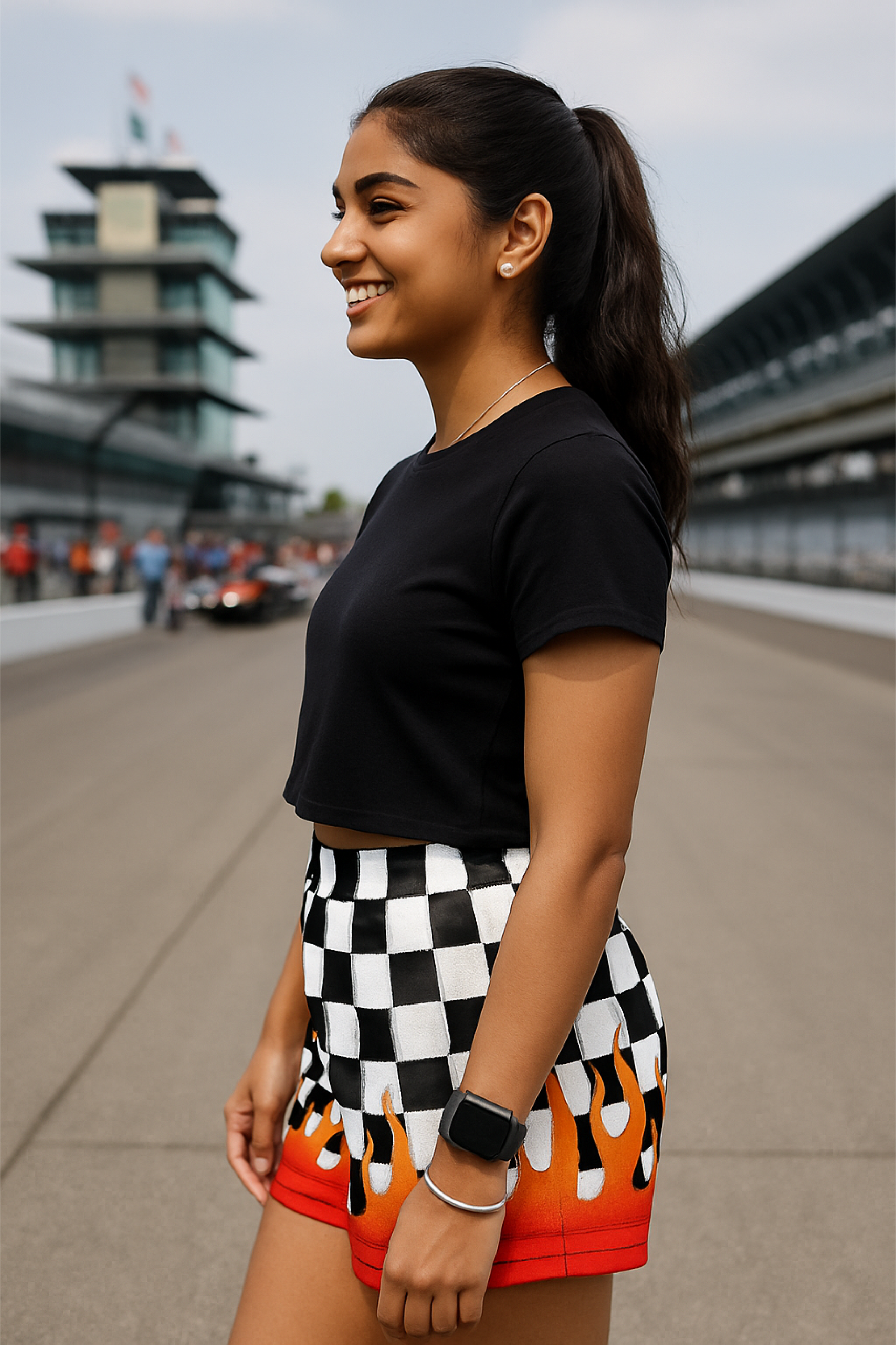 RF Wear Women's Black/White Checkered  with Red Flames Shorts - Model Side View