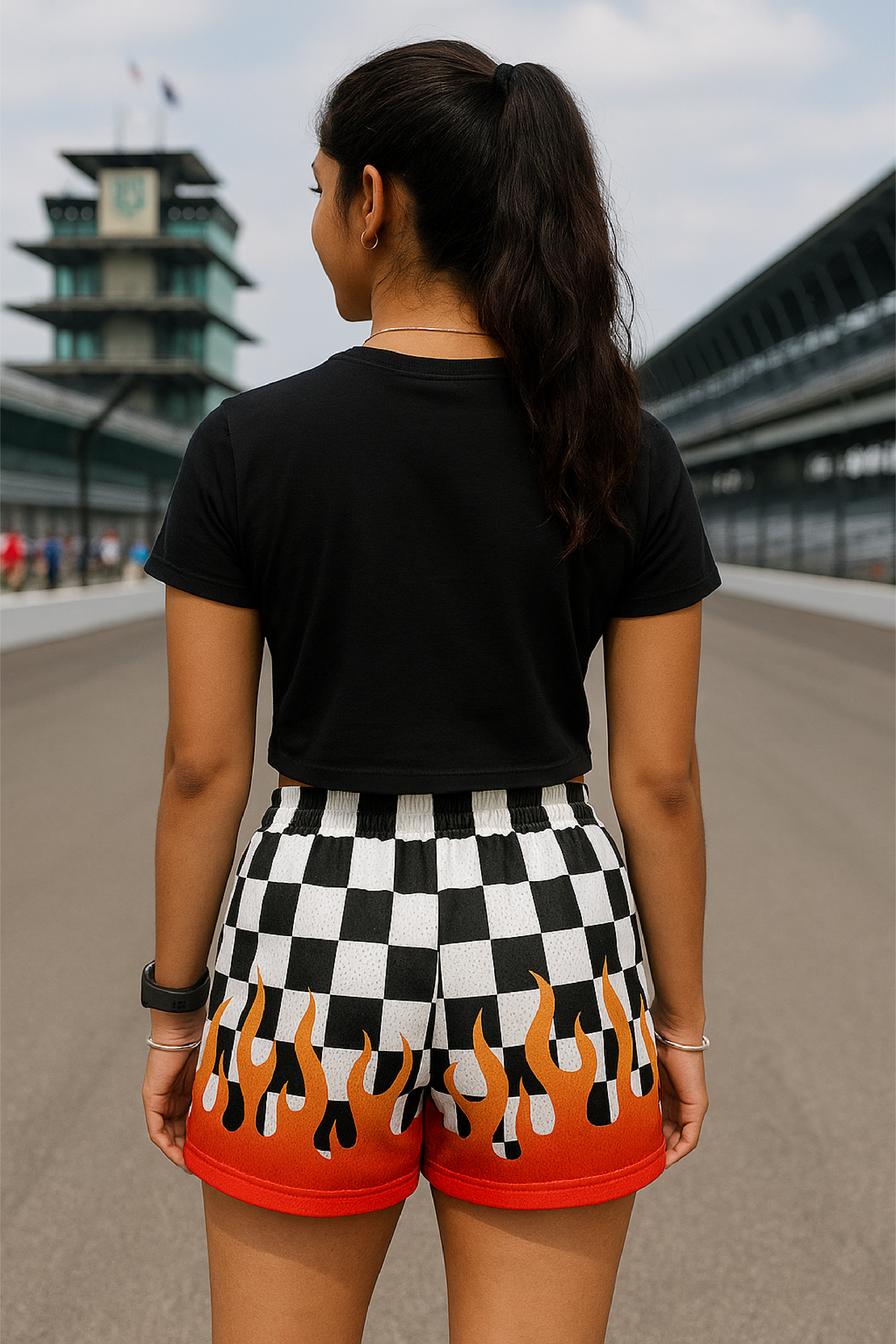 RF Wear Women's Black/White Checkered  with Red Flames Shorts - Model Back View