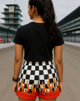 RF Wear Women's Black/White Checkered  with Red Flames Shorts - Model Back View