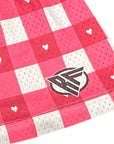Close-up of RF-Wear Women's Checkered Heart Shorts in White & Pinks with RF logo.