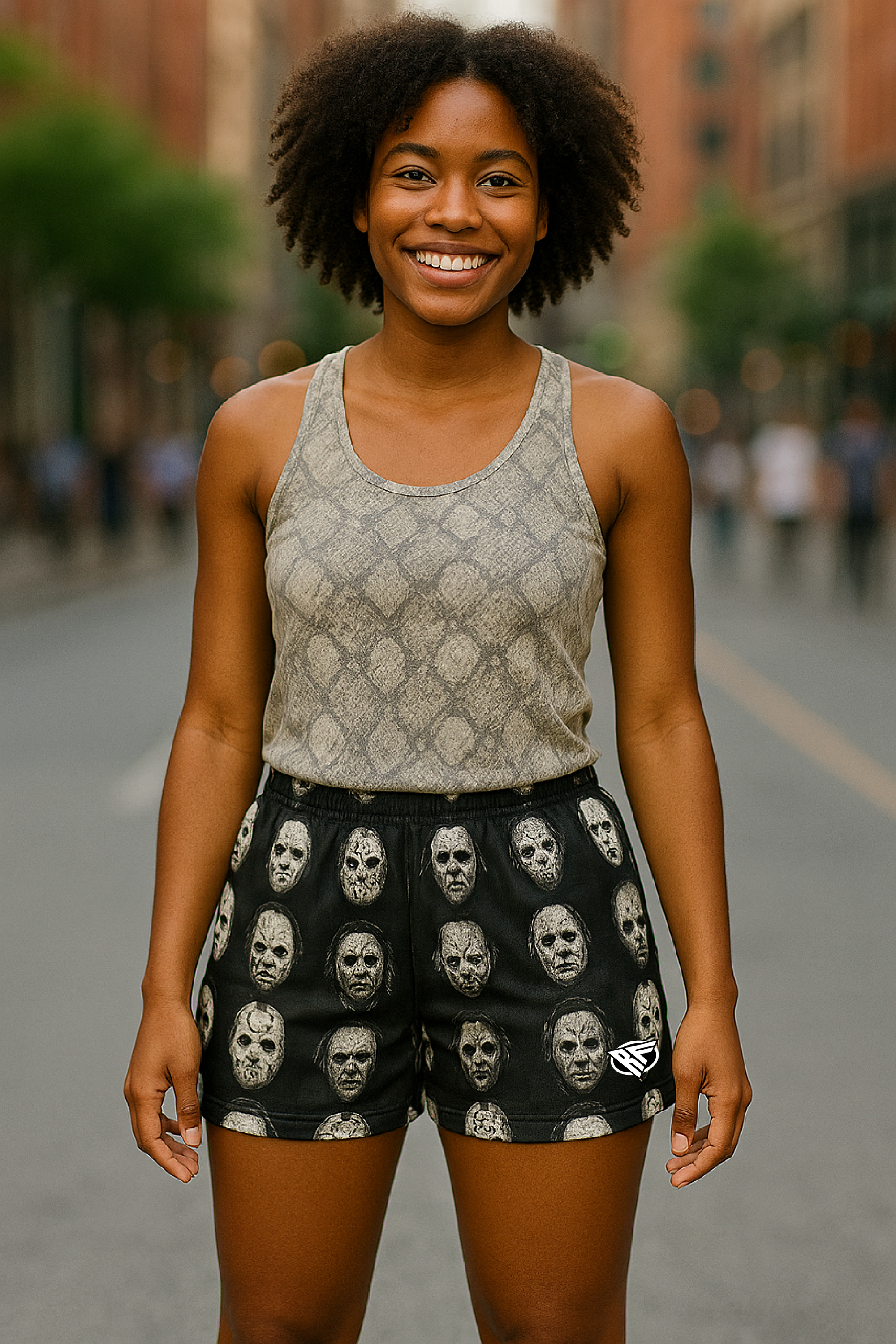 RF Wear Women's Checkered Honor Shorts - Black - Model Front View