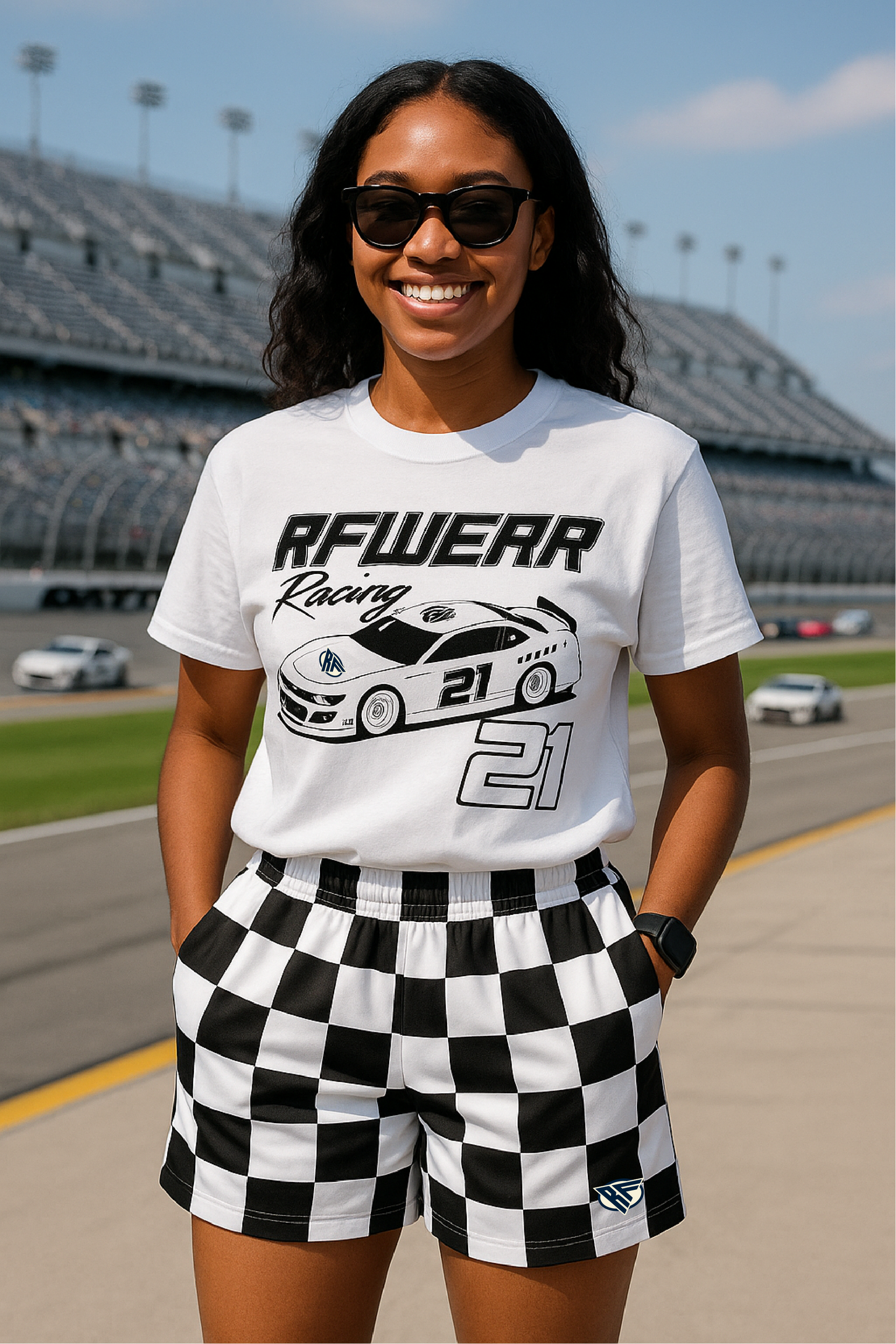 RF Wear Women's Checkered Pocket Shorts - Black/White - Model Front View