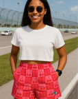 RF Wear Women's Checkered Pocket Shorts - Cherries/Bows - Pink - Model Front View