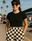 RF Wear Women's Checkered Pocket Shorts - Mocha/Cream - Model Front View