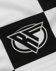 Close-up of RF-Wear Women's Checkered Shorts in Black/White with RF logo