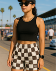 RF Wear Women's Checkered Shorts - Mocha/Cream - Model Front View