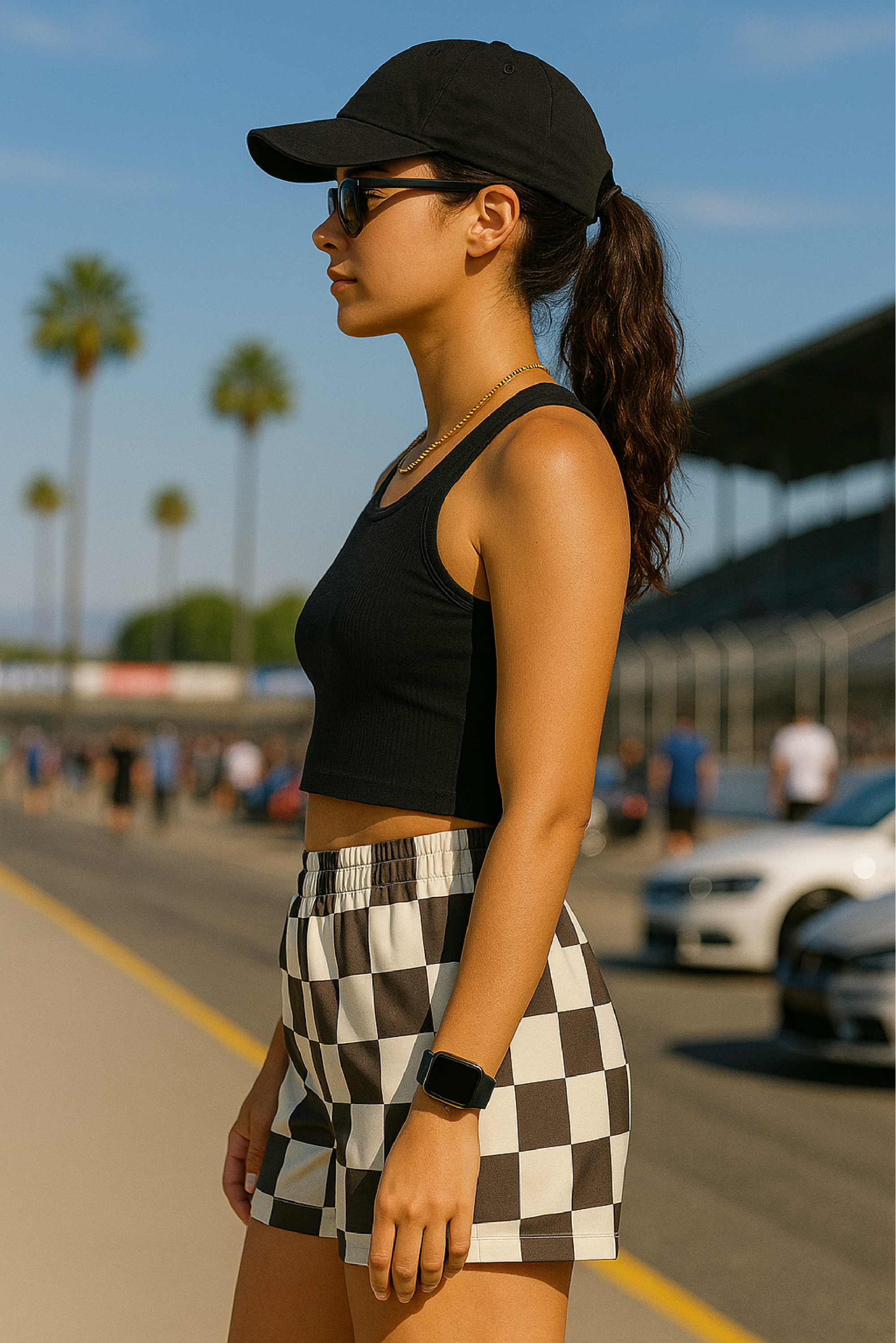 RF Wear Women's Checkered Shorts - Mocha/Cream - Model Side View