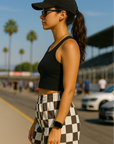 RF Wear Women's Checkered Shorts - Mocha/Cream - Model Side View