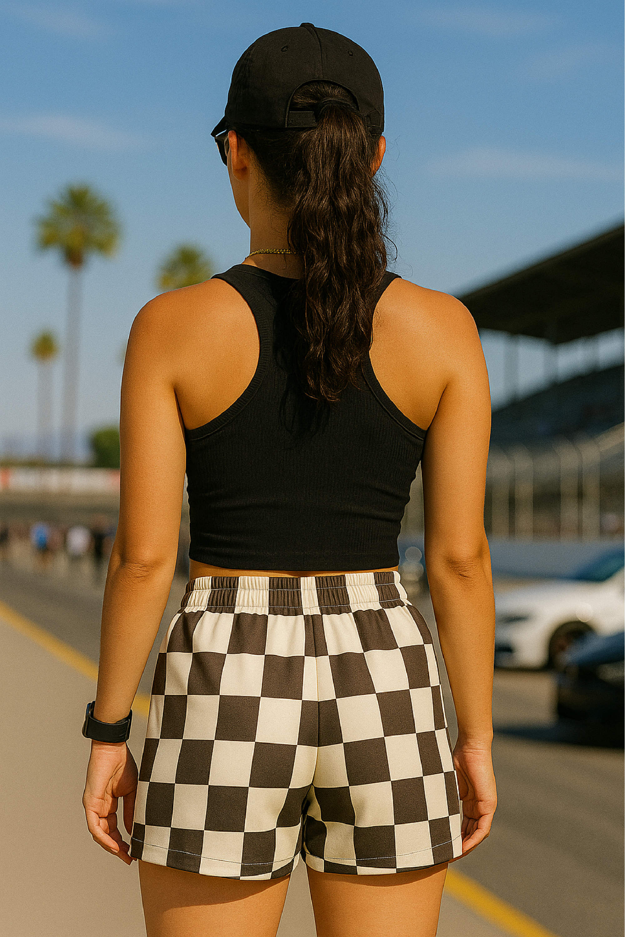 RF Wear Women's Checkered Shorts - Mocha/Cream - Model Back View