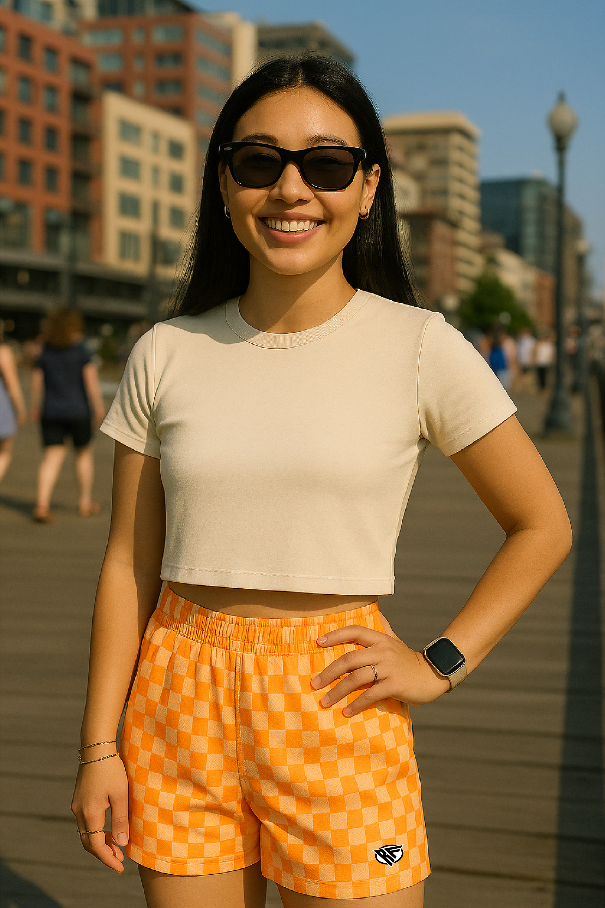 RF Wear Women's Checkered Shots - Peach - Model Front View