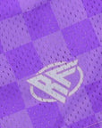 Close-up of RF-Wear Women's Checkered Shorts in Purple with RF logo