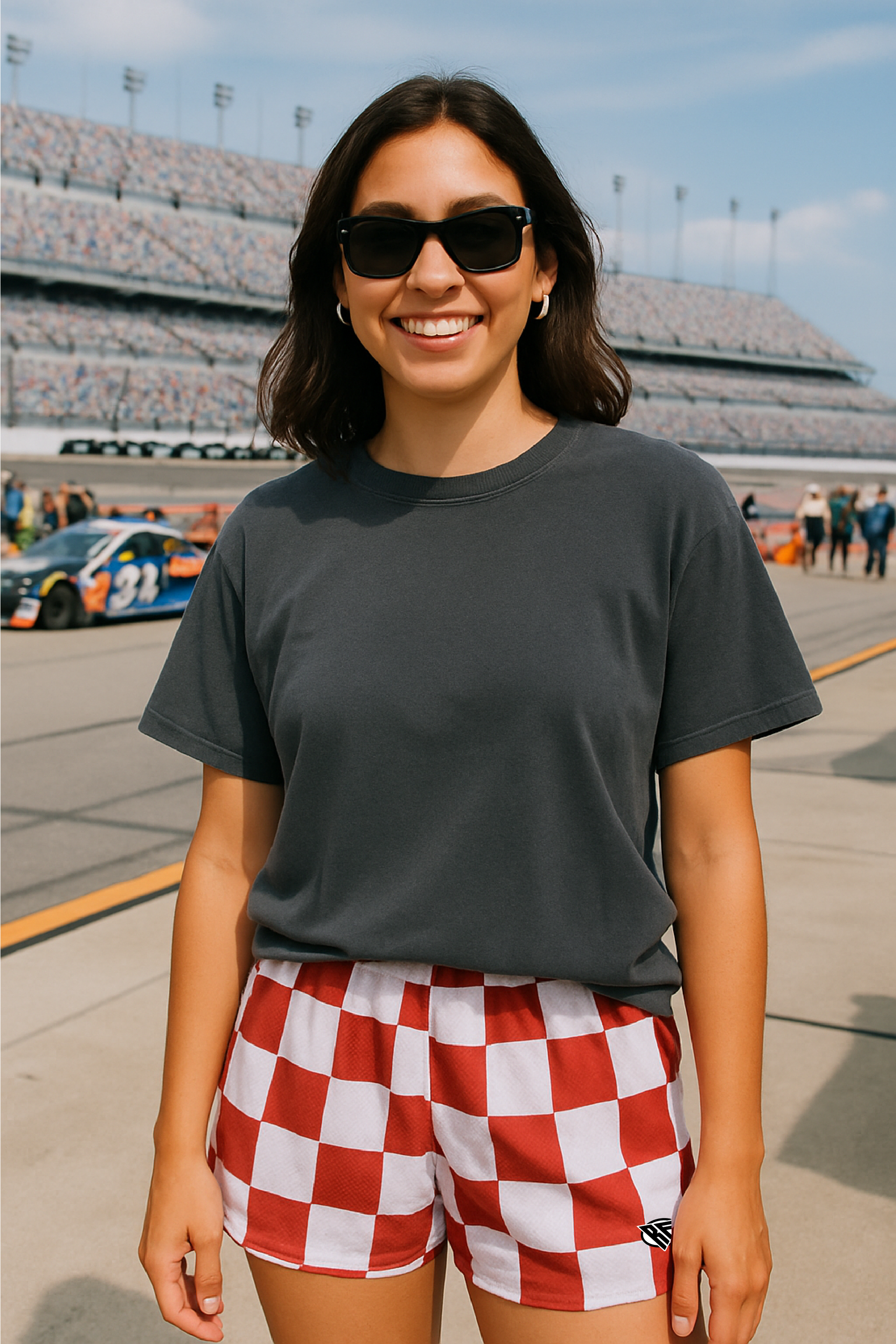 RF Wear Women's  Checkered Shorts - Red White - Model Front View