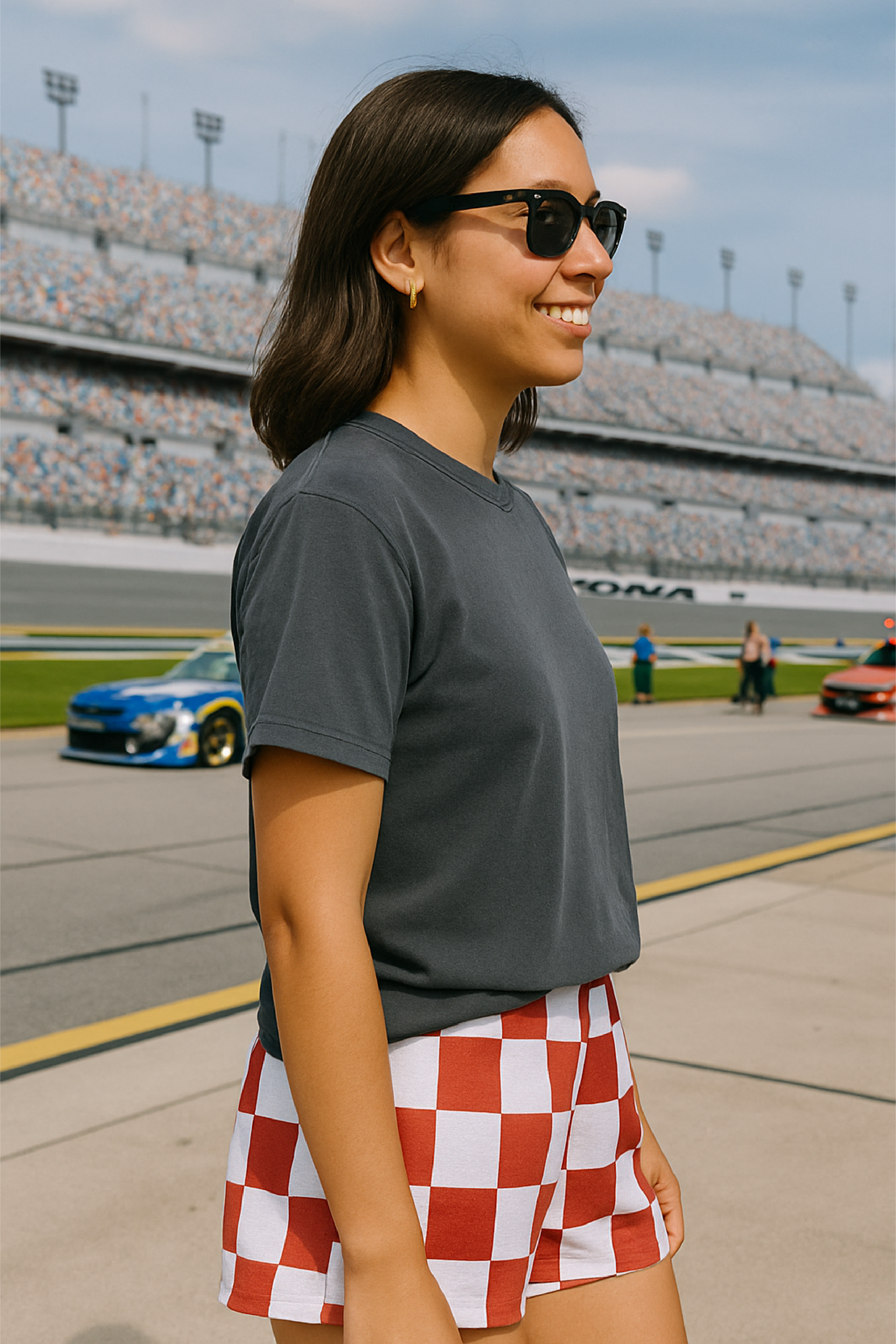 RF Wear Women's  Checkered Shorts - Red White - Model Side View