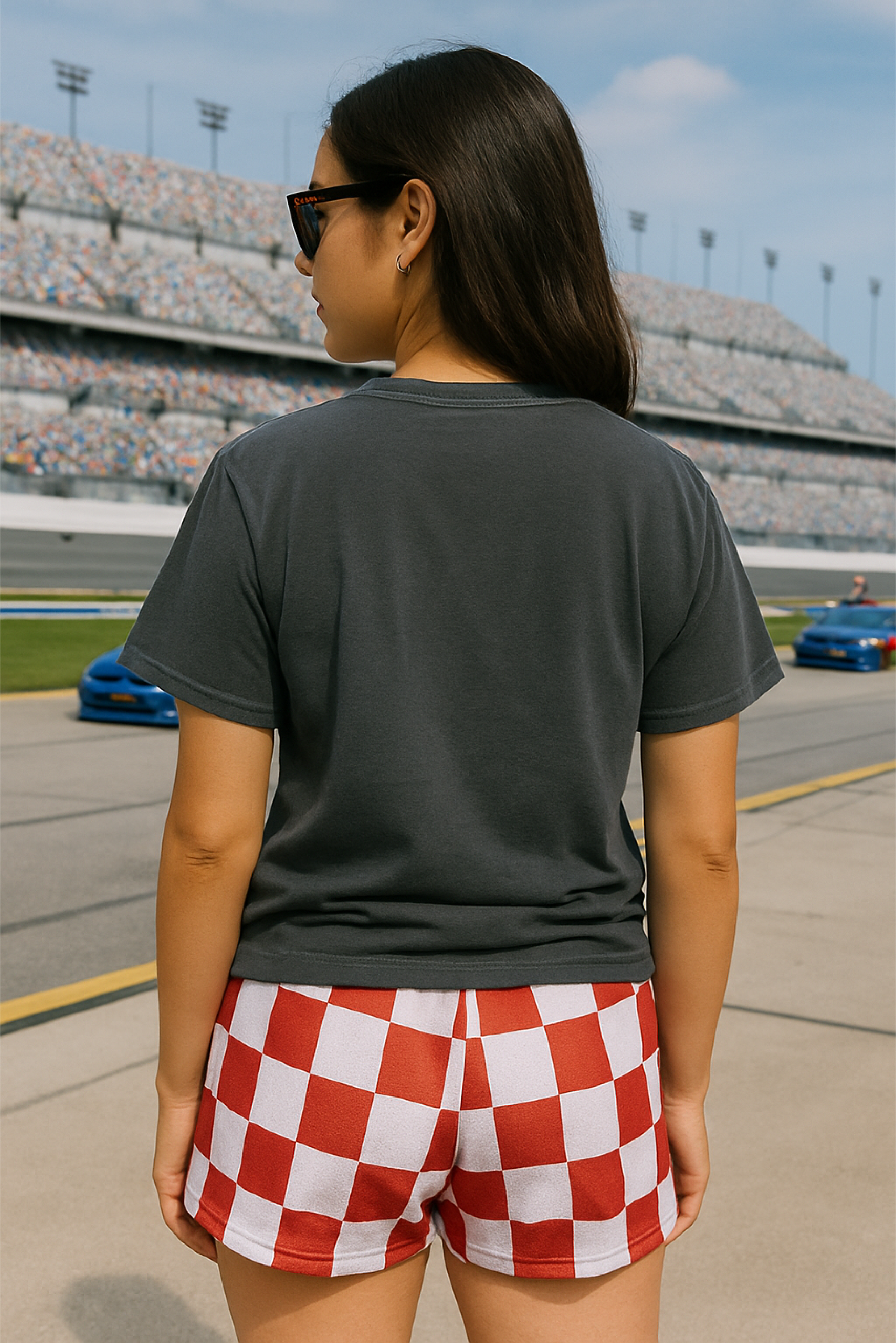 RF Wear Women's  Checkered Shorts - Red White - Model Back View