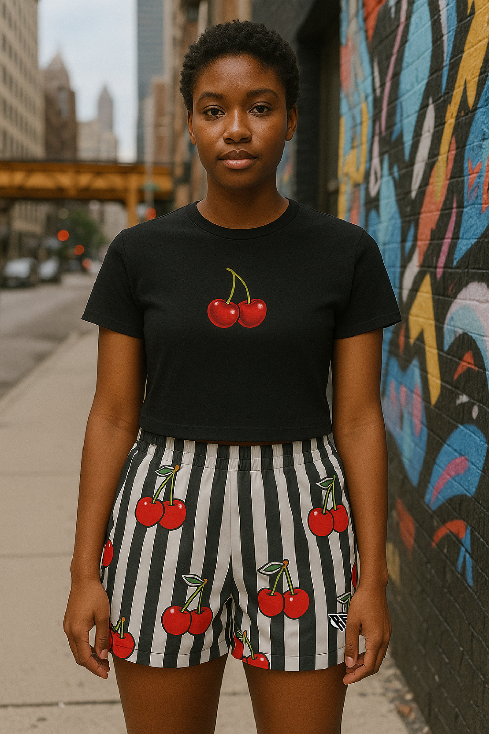 RF Wear Women's Cherry Stripe Shorts - Black/White/Red - Front