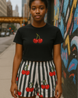 RF Wear Women's Cherry Stripe Shorts - Black/White/Red - Front