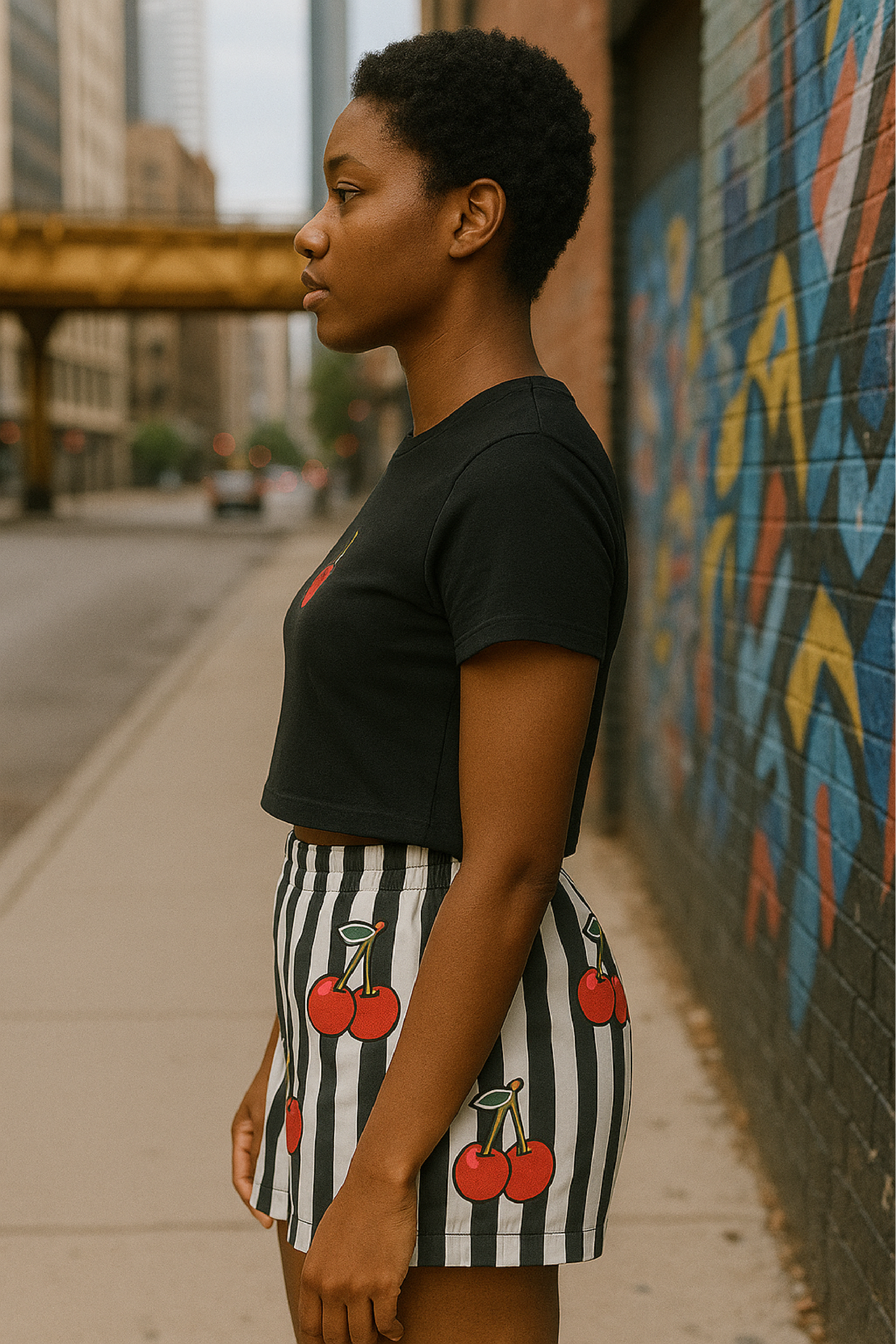 RF Wear Women's Cherry Stripe Shorts - Black/White/Red - Side
