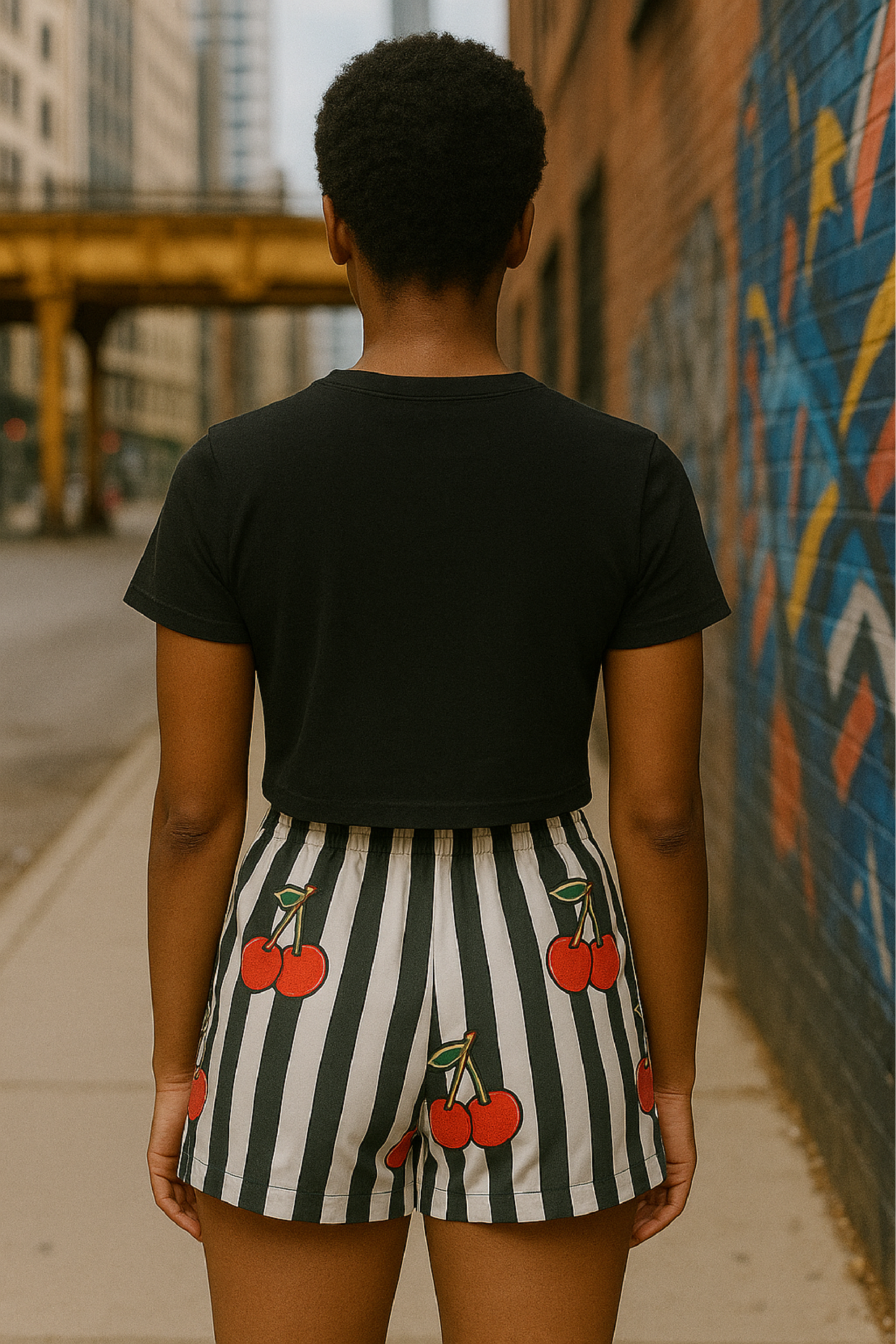 RF Wear Women's Cherry Stripe Shorts - Black/White/Red - Back