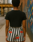 RF Wear Women's Cherry Stripe Shorts - Black/White/Red - Back