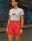 RF Wear Women's Cherry and Bow Checkered Shorts - Pink - Model Front View