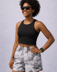 Woman wearing a black top and RF-Wear Women's Cloud Shorts in Grey