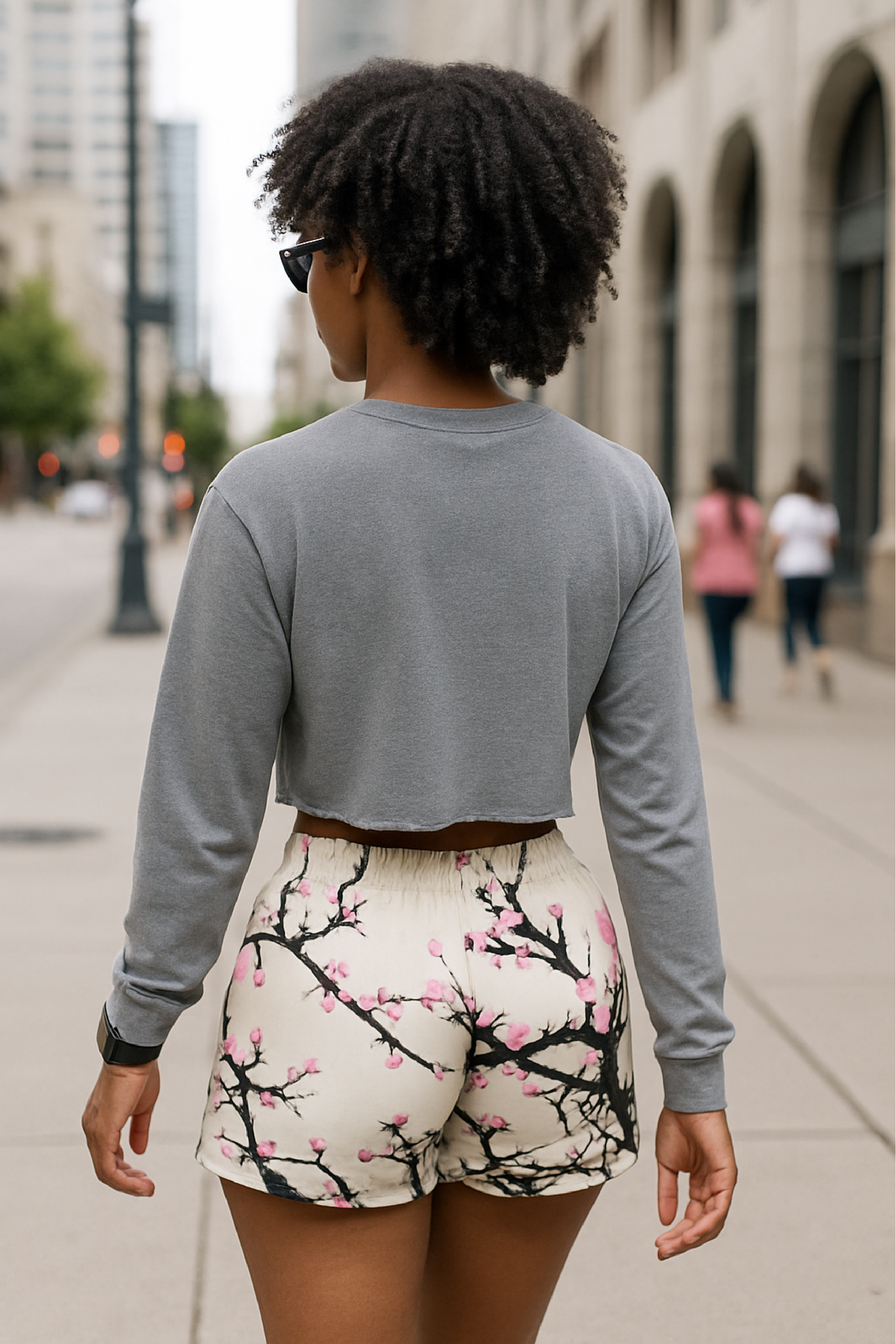 RF Wear Women's Cropped Fleece Lightweight Crewneck - Solid Grey - Model Back View