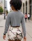 RF Wear Women's Cropped Fleece Lightweight Crewneck - Solid Grey - Model Back View