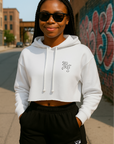 RF Wear Women's Cropped Fleece Lightweight Hoodie - RF Initials - White - Model Front View