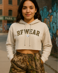 RF Wear Women's Cropped Fleece Lightweight Hoodie - Tree Camo - Cream - Model Front View