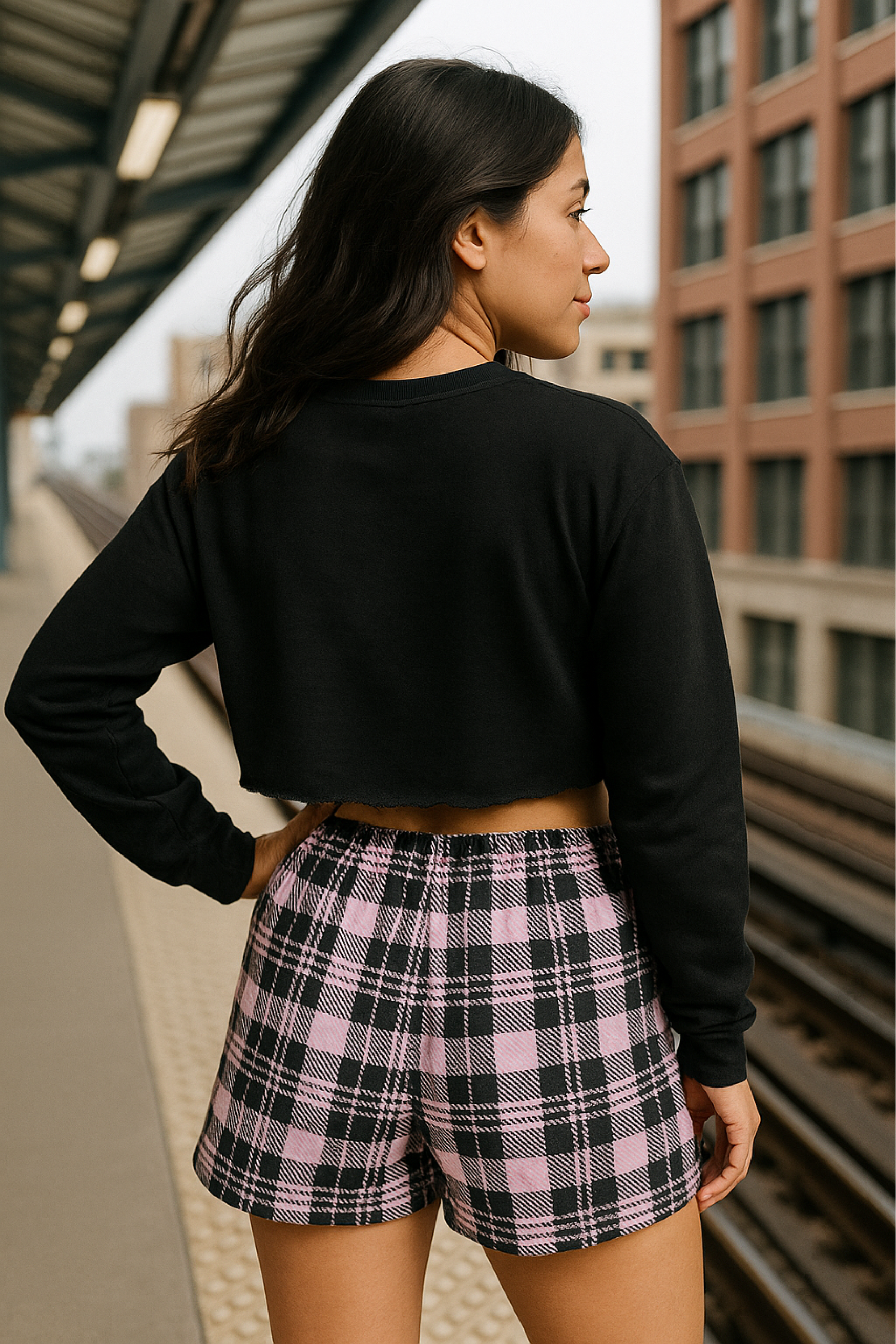 RF Wear Women's Cropped Fleece Lightweight Old English Crewneck - Black - Model Back View