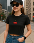 RF Wear Women's Cropped Flowy Cherry T-Shirt - Black - Model Front View