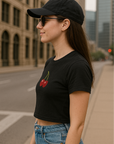 RF Wear Women's Cropped Flowy Cherry T-Shirt - Black - Model Side View