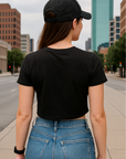 RF Wear Women's Cropped Flowy Cherry T-Shirt - Black - Model Back View