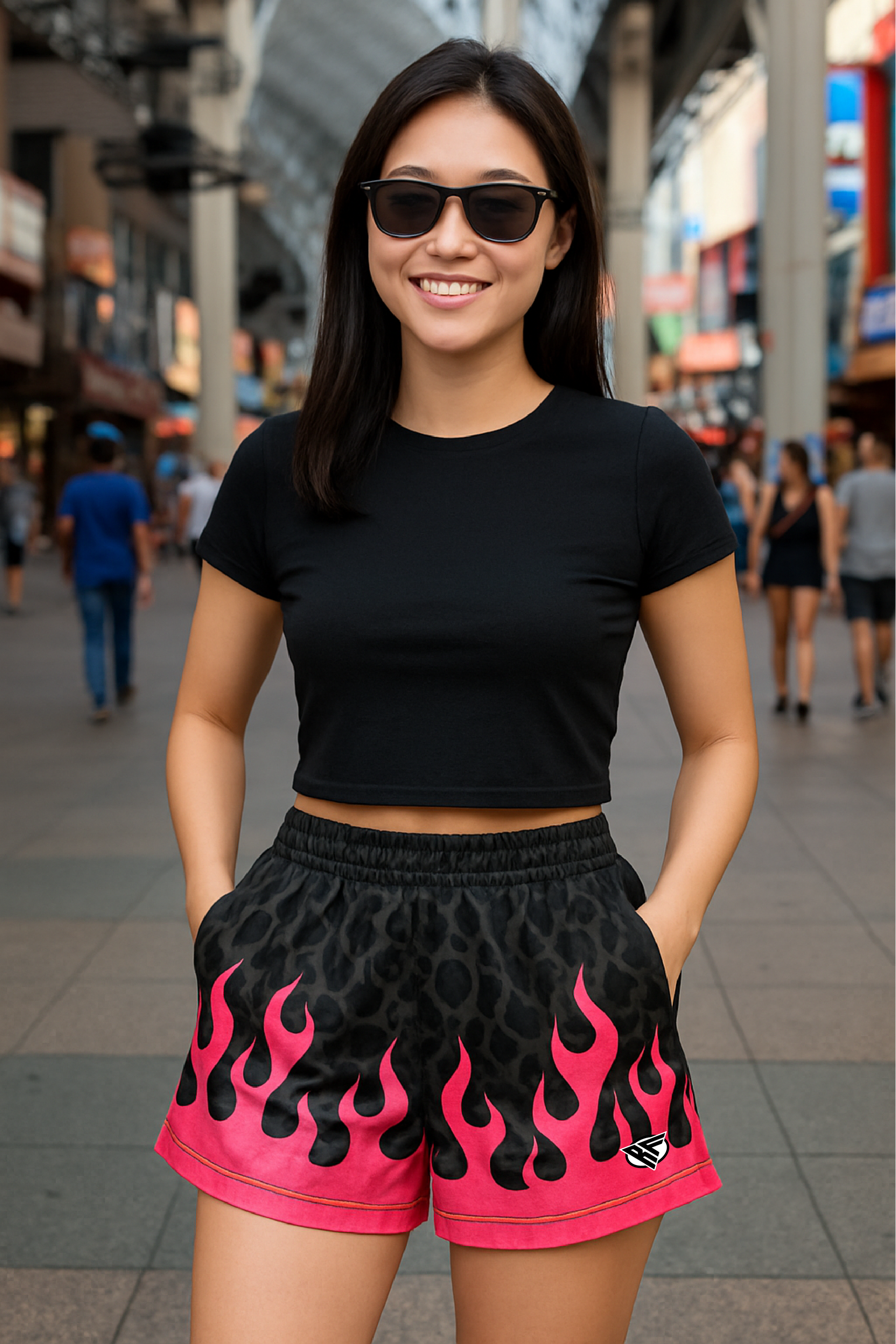 RF Wear Women's Flame Leopard Pocket Shorts - Black/Fuchsia - Model Front View