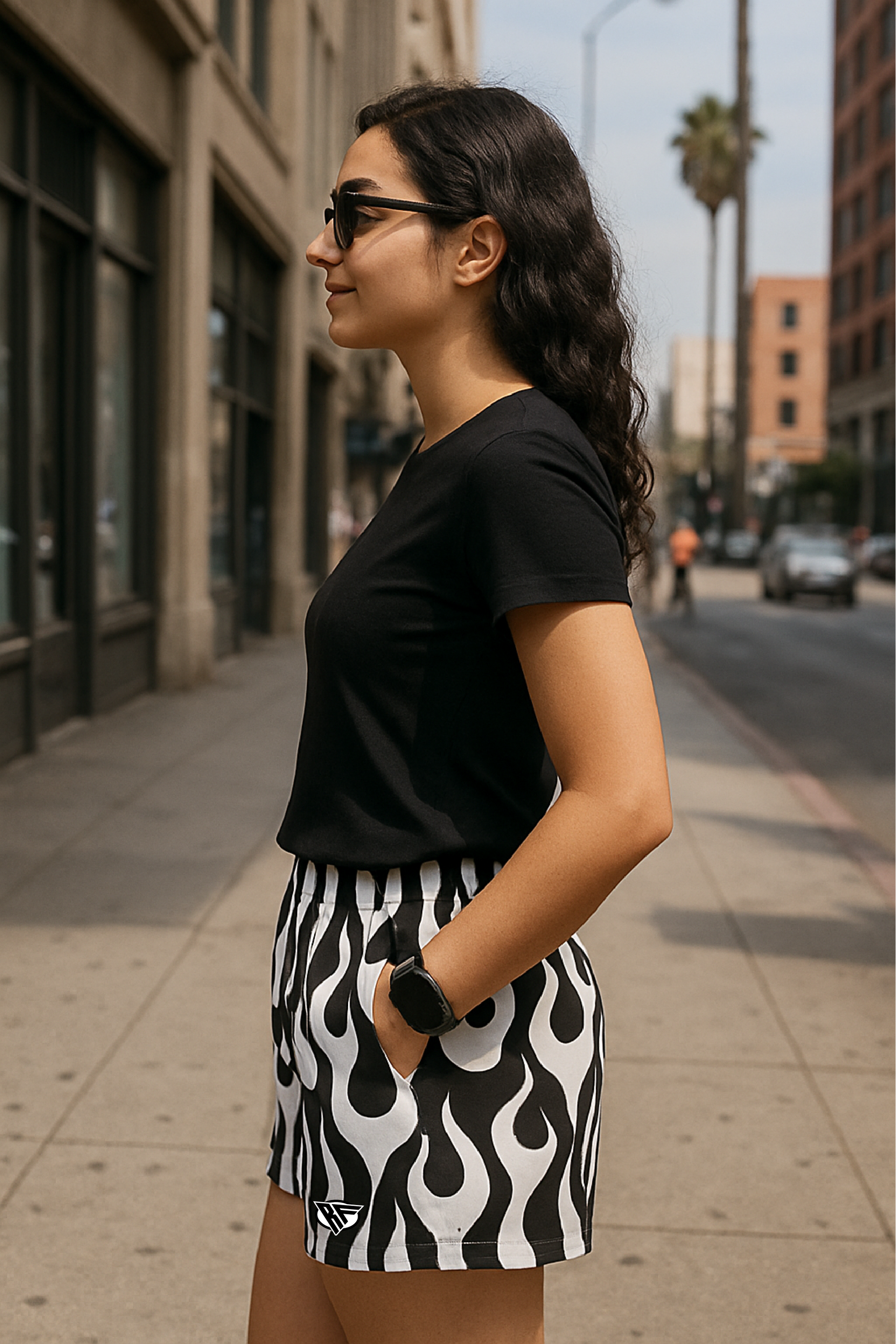 RF Wear Women's Flame Pocket Shorts - Black/White - Model Side View