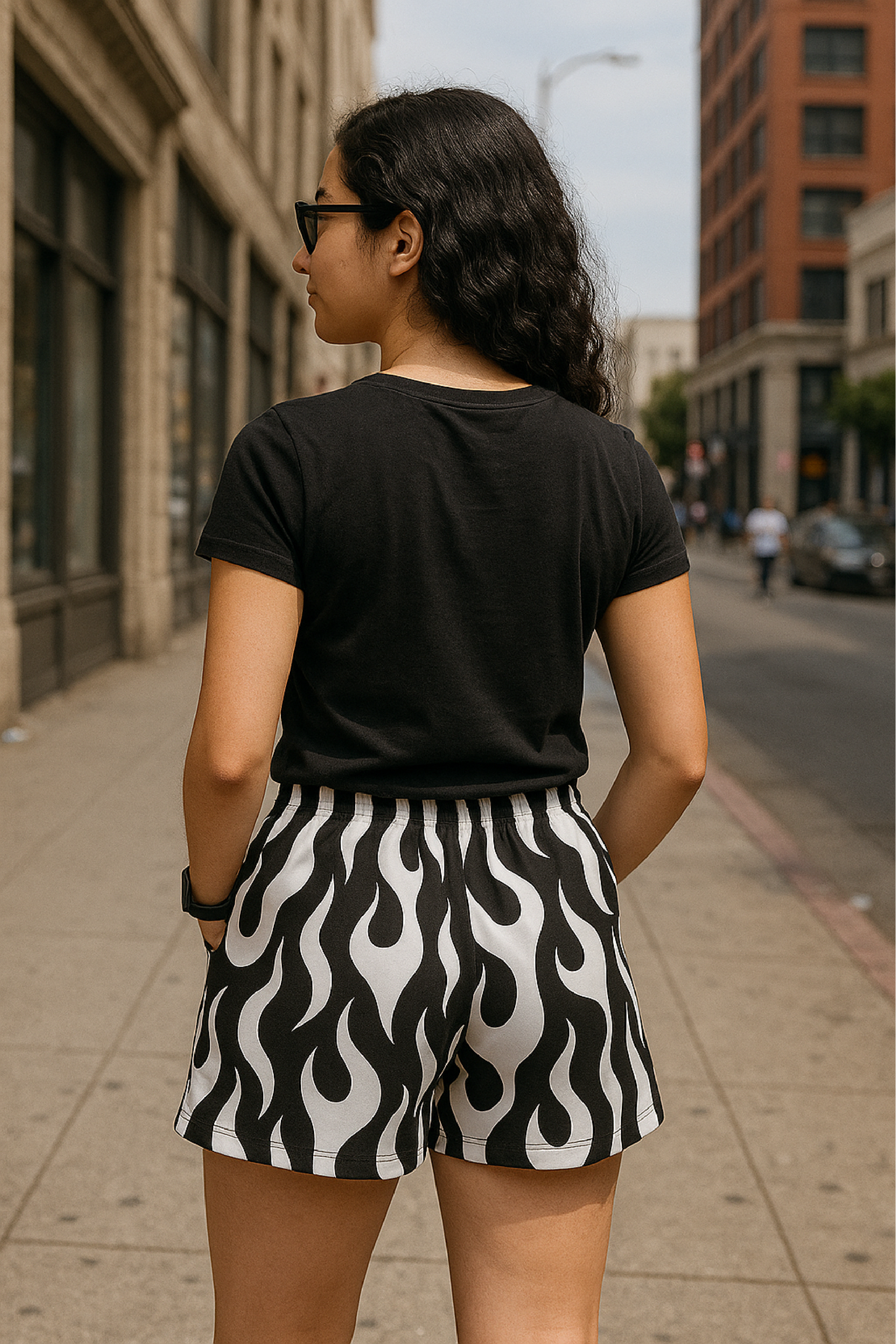 RF Wear Women's Flame Pocket Shorts - Black/White - Model Back View