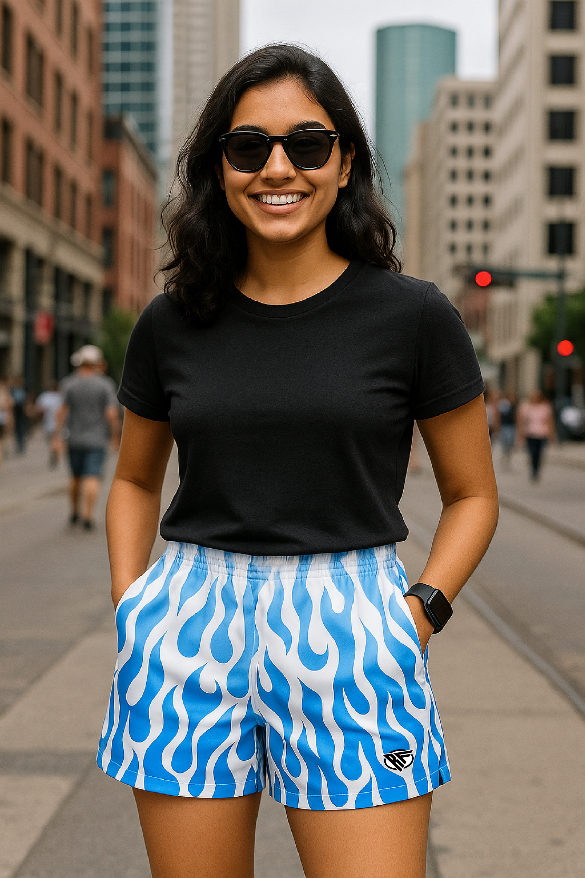 RF Wear Women's Flame Pocket Shorts - Blue/White - Model Front View