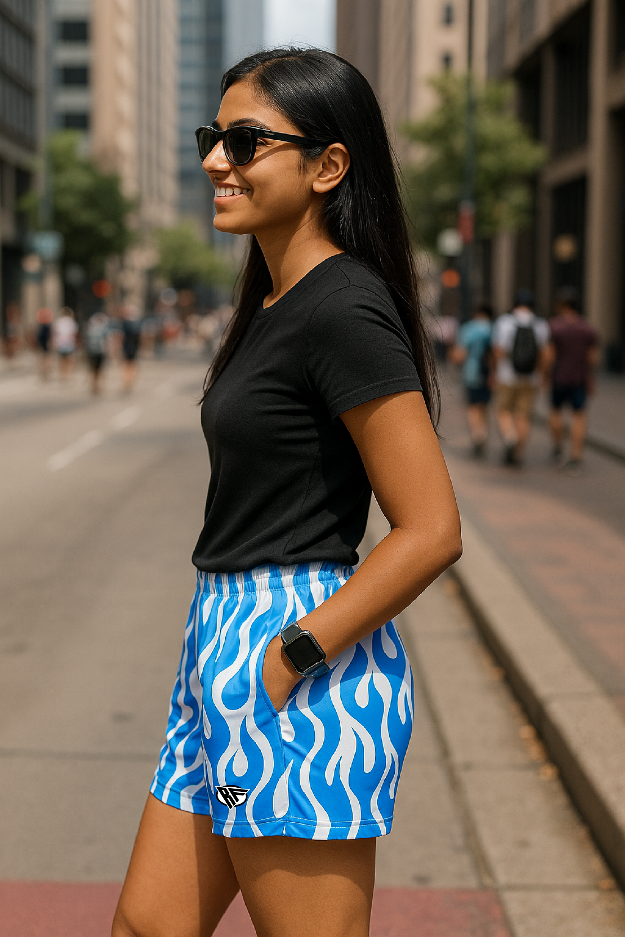 RF Wear Women's Flame Pocket Shorts - Blue/White - Model Side View