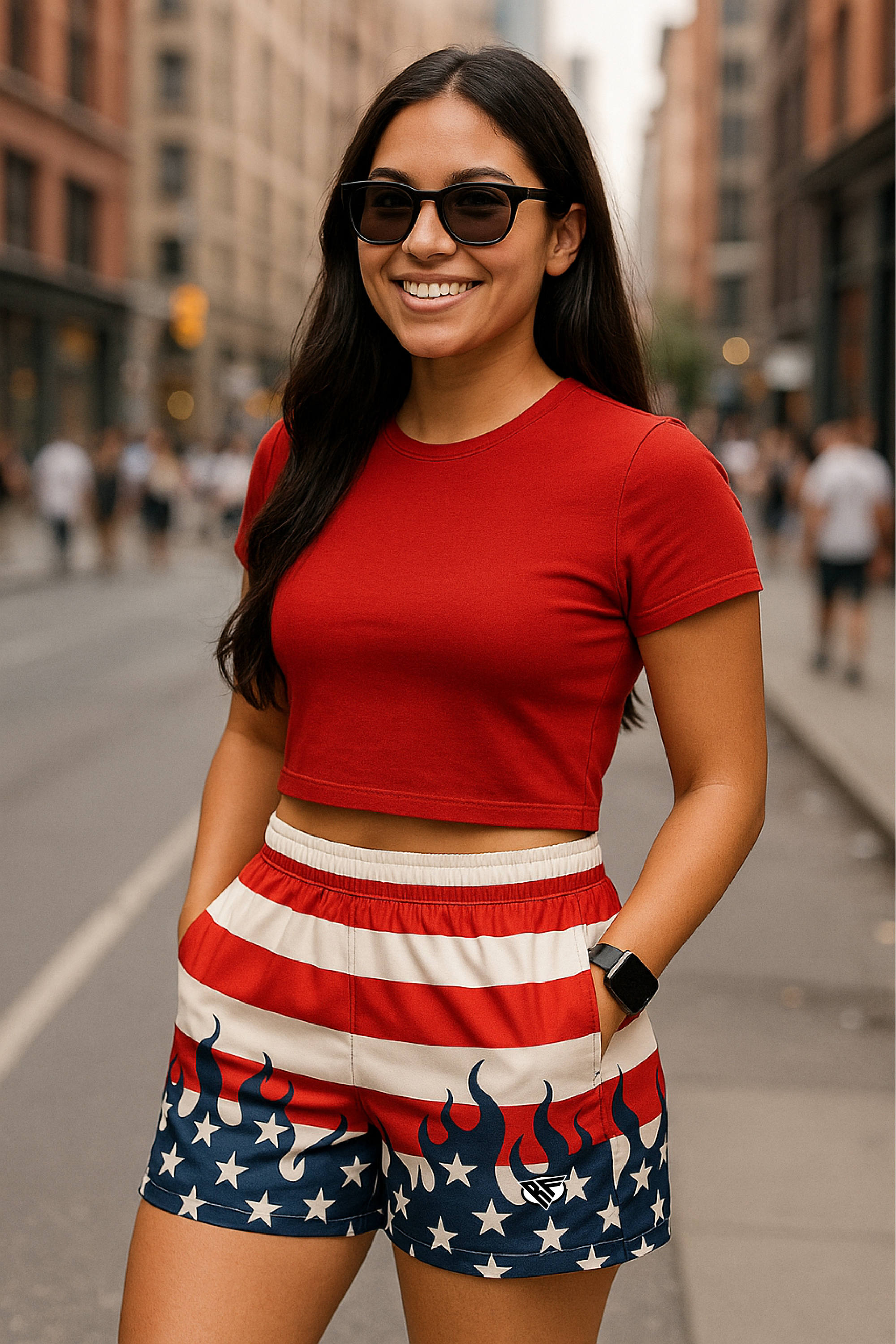 RF Wear Women's Flame Pocket Shorts - Patriotic - Model Front View