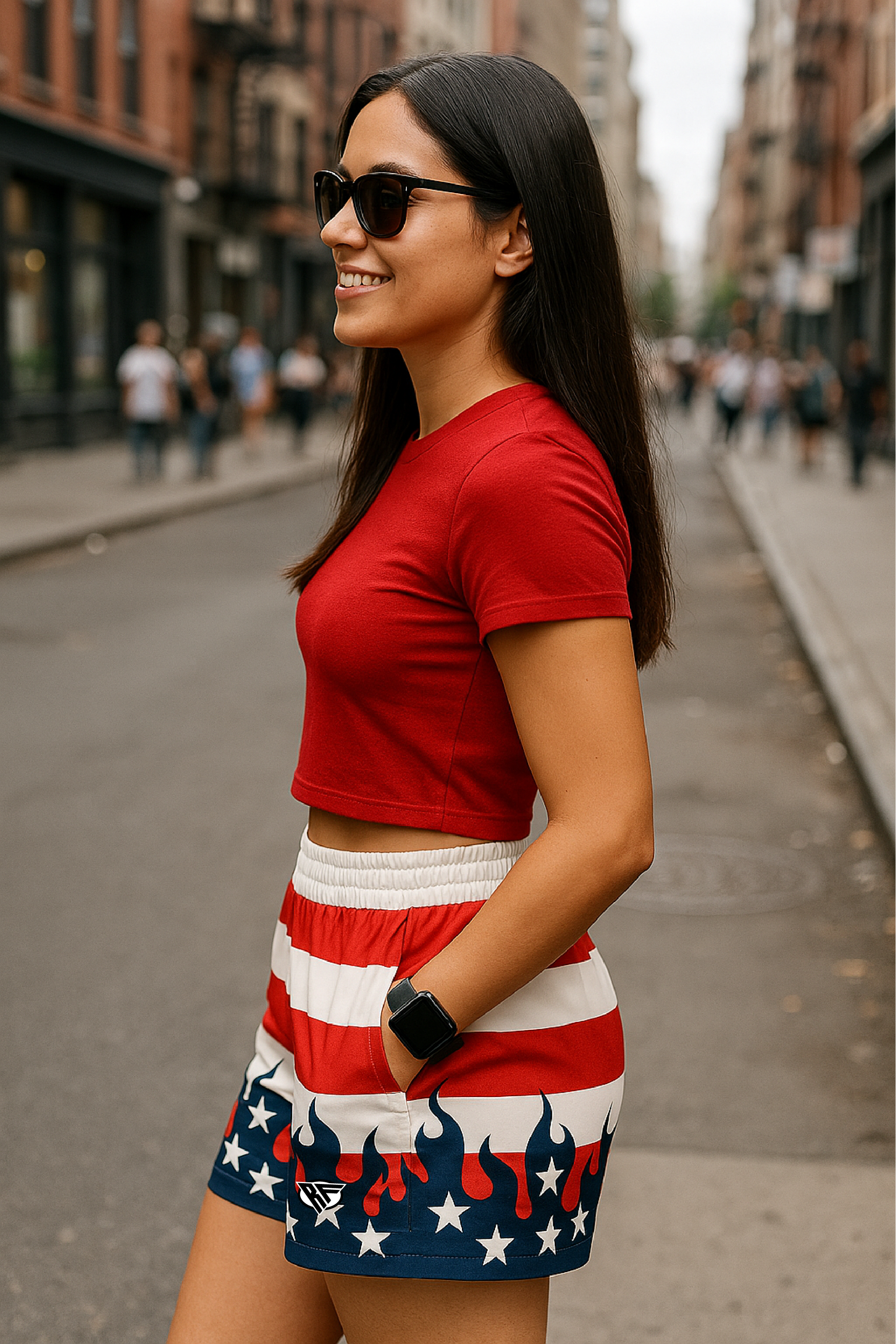 RF Wear Women's Flame Pocket Shorts - Patriotic - Model Side View