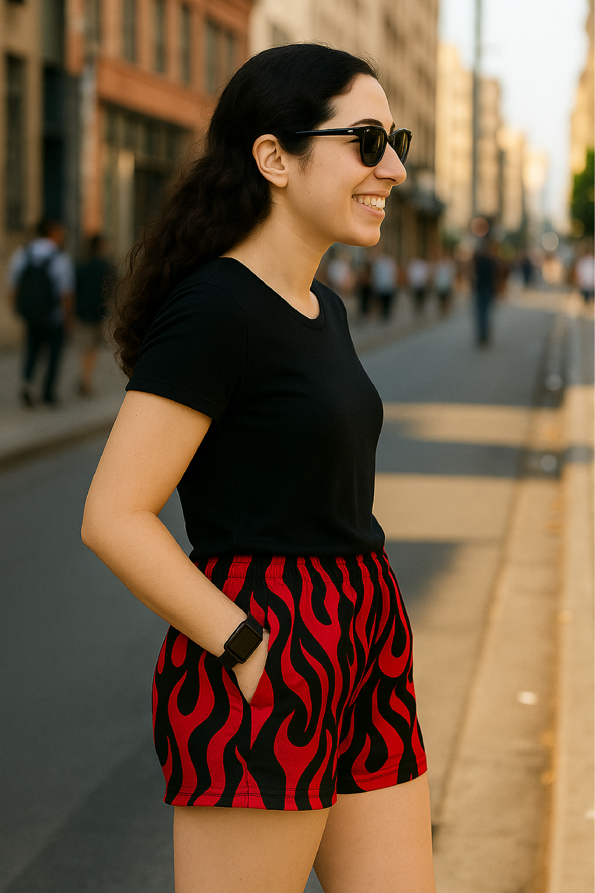 RF Wear Women's Flame Pocket Shorts - Red/Black - Model Side View