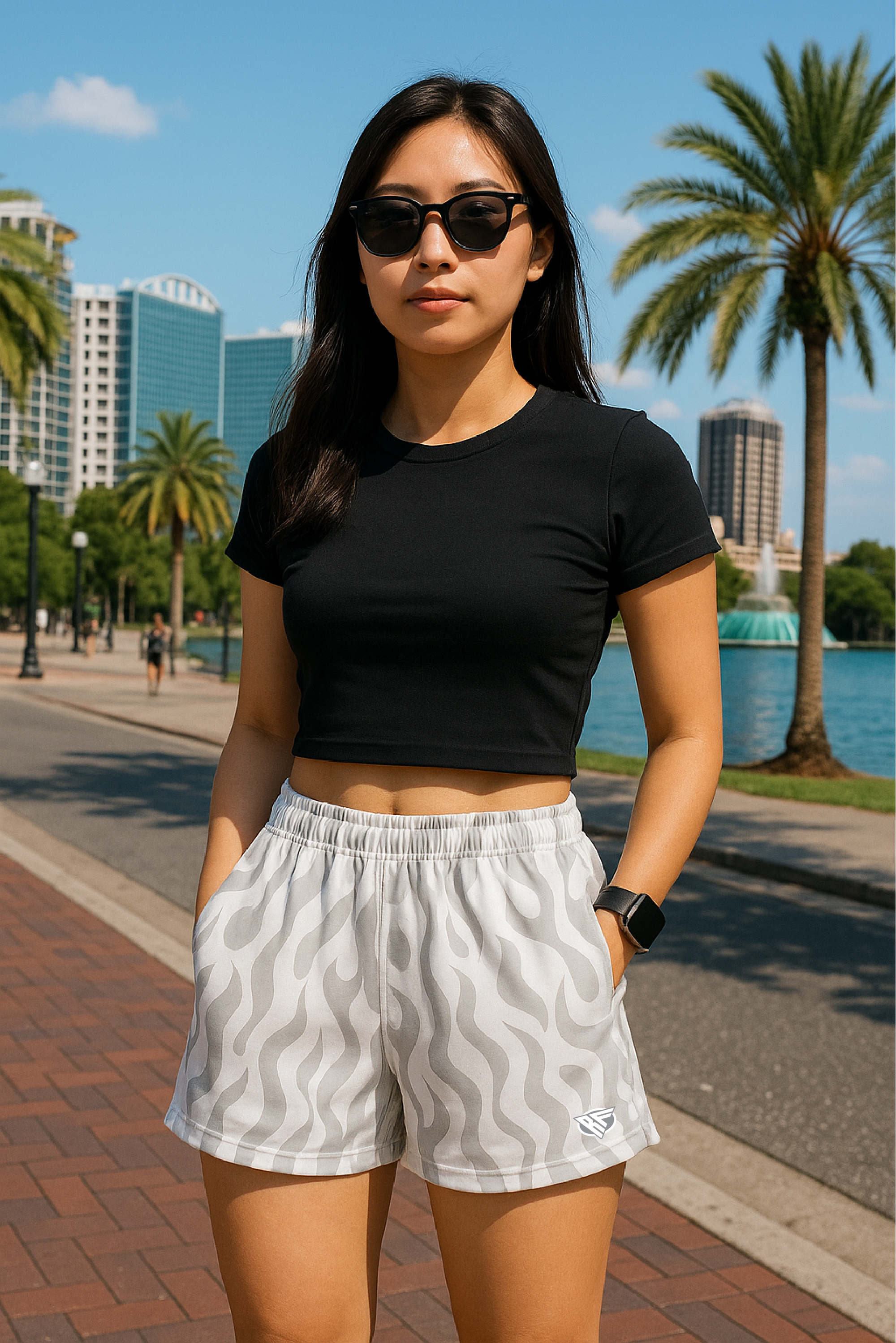 RF Wear Women's Flame Pocket Shorts - White/Grey - Model Front View