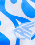 Close-up of RF-Wear Women's Flame Short in Blue/White with RF logo