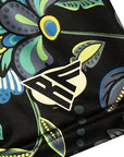 Close-up of RF-Wear Women's Floral 2.0 Shorts - Black/Blue/Yellow with RF logo