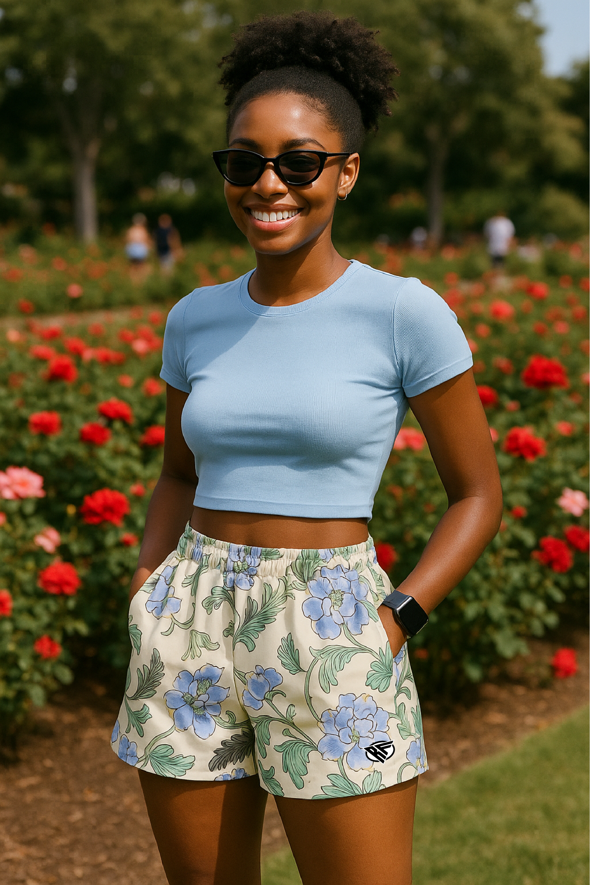 RF Wear Women's Floral Carnation Pocket Shorts - Cream/Blue - Model Front View
