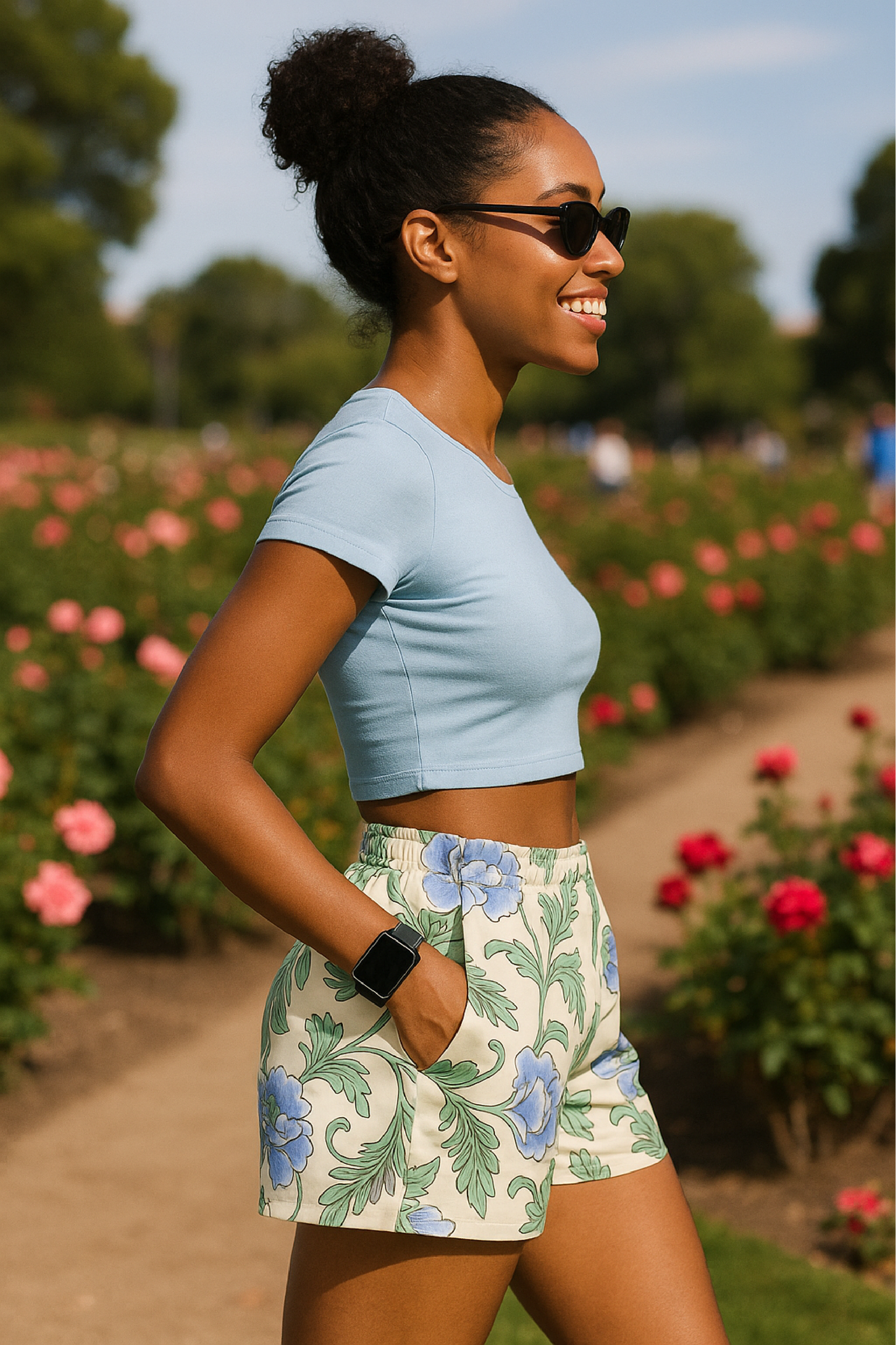 RF Wear Women's Floral Carnation Pocket Shorts - Cream/Blue - Model Side View