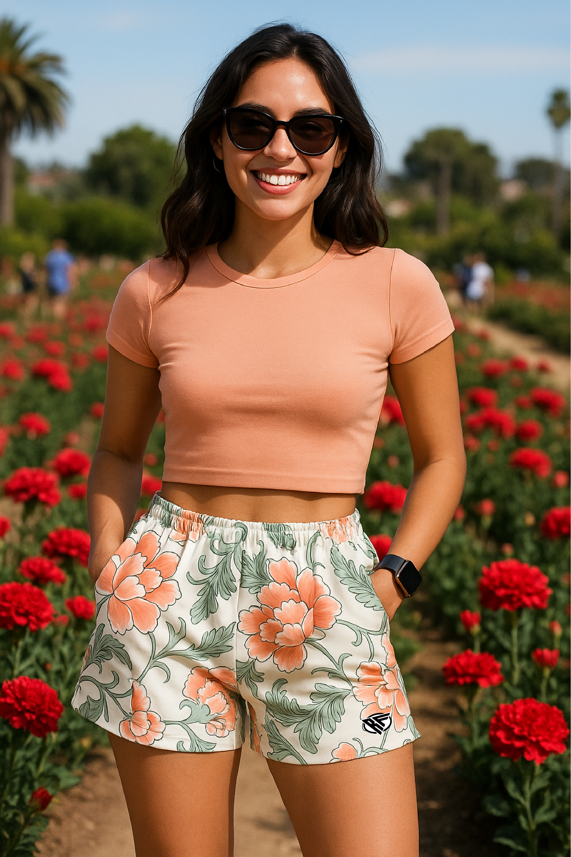 RF Wear Women's Floral Carnation Pocket Shorts - Cream/Peach - Model Front View