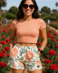 RF Wear Women's Floral Carnation Pocket Shorts - Cream/Peach - Model Front View