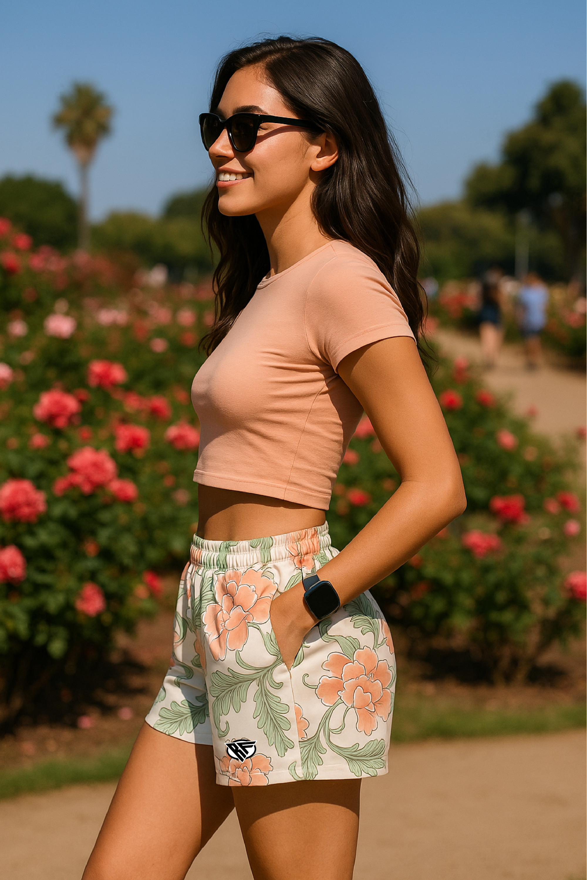 RF Wear Women's Floral Carnation Pocket Shorts - Cream/Peach - Model Side View