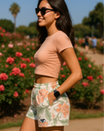 RF Wear Women's Floral Carnation Pocket Shorts - Cream/Peach - Model Side View